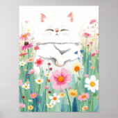 Fluffy witte kat in wilde bloem weide, schattige b poster (Voorkant)