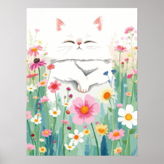 Fluffy witte kat in wilde bloem weide, schattige b poster