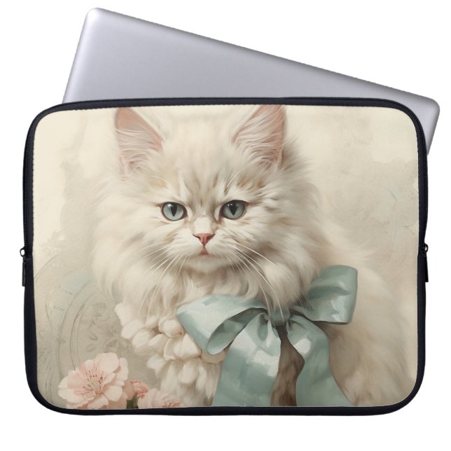  FLUFFY WITTE KAT MET BLOEMEN LAPTOP SLEEVE (Voorkant)