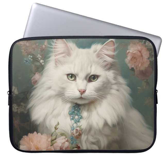  FLUFFY WITTE KAT MET BLOEMEN LAPTOP SLEEVE (Voorkant)