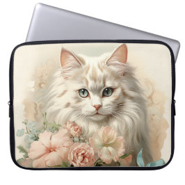 FLUFFY WITTE KAT MET BLOEMEN LAPTOP SLEEVE