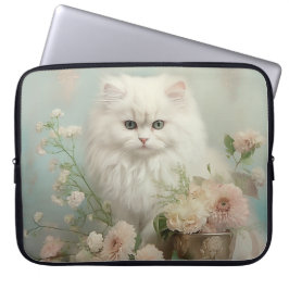 FLUFFY WITTE KAT MET BLOEMEN LAPTOP SLEEVE