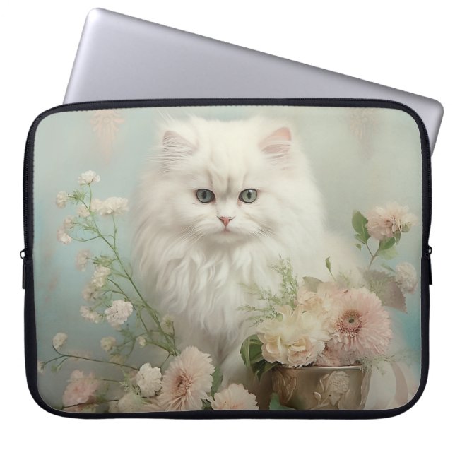  FLUFFY WITTE KAT MET BLOEMEN LAPTOP SLEEVE (Voorkant)