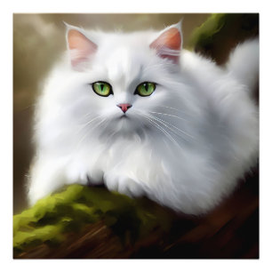 Fluffy witte kat schilderij foto afdruk