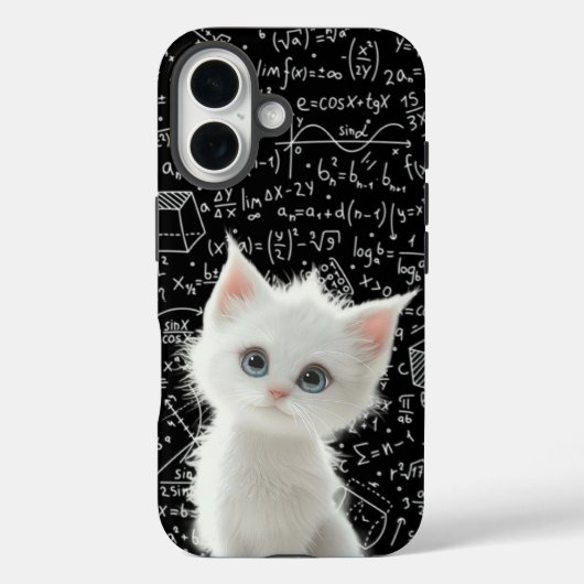 Fluffy Witte Kat & Wiskundige Formules Schoolbord Case-Mate iPhone Case (Achterkant)
