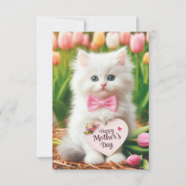 Fluffy Witte Kitten in Tulpenveld Moederdag Kaart