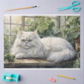 Fluffy Witte Perzische Kat In Een Tuin Decoupage Tissuepapier (Craft)