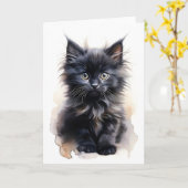Fluffy Zwarte Langharige Kat Aquarel Blank  Kaart (Gele Bloem)