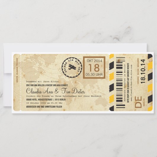 Flugzeug Bordkarte Ticket Hochzeitzegladung Kaart (Voorkant)