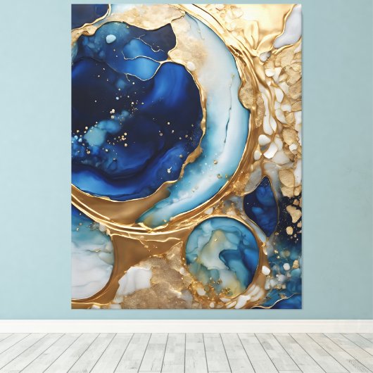 Fluid Abstract Gold-Navy Beach Canvas Afdruk (Insitu (Houten vloer))