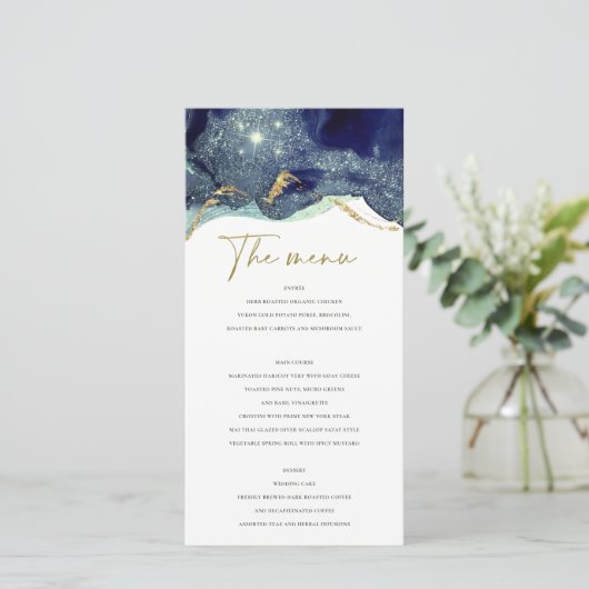 Fluid Abstract Ink Gold Navy Glitter-menukaart Bedankkaart (Staand voorkant)