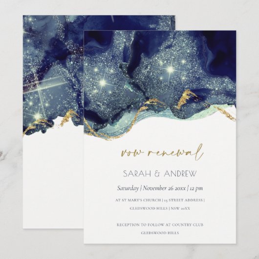 Fluid Alcohol Ink Navy Glitter Vow Renewal Invite Bedankkaart (Voorkant / Achterkant)