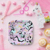 Fluid Art Cotton Snoep Roze, Blauwgroen, zwart en Papieren Bordje (Feest)