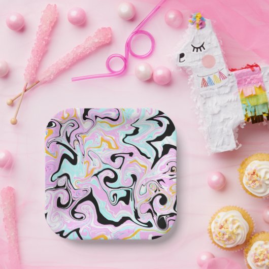 Fluid Art Cotton Snoep Roze, Blauwgroen, zwart en Papieren Bordje (Feest)