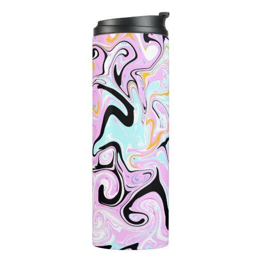 Fluid Art Cotton Snoep Roze, Blauwgroen, zwart en Thermosbeker (Gedraaid links)