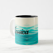 Fluid Art Turquoise Wavy Waterverf Aangepaste naam Tweekleurige Koffiemok (Voorkant links)
