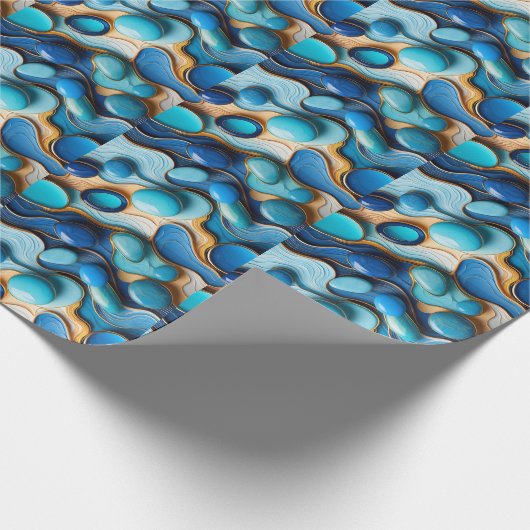 Fluid Blue Waves Pebbles Gold Accent Abstract Cadeaupapier (Hoek)