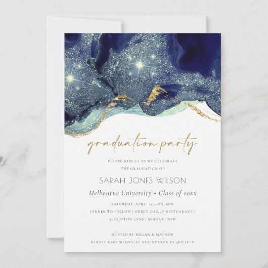 Fluid Gold Navy Glitter Graduparty Invite Bedankkaart (Voorkant)