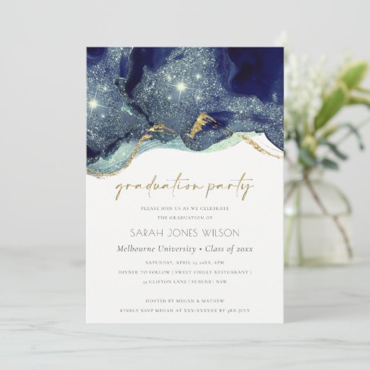 Fluid Gold Navy Glitter Graduparty Invite Bedankkaart (Staand voorkant)