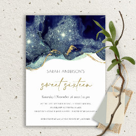 Fluid Gold Navy Glitter Sweet 16 Birthday Invite Bedankkaart