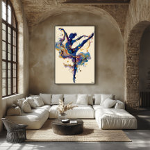 Fluid Ink Ballerina – Blue and Gold Abstract Dance