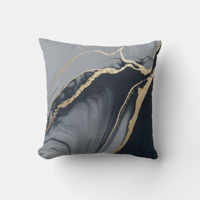 Fluid Marble Wervelt In Navy En Goud Sierkussen (Voorkant)