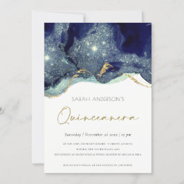 Fluid Navy Glitter Quinceañera 15 Birthday Invite Bedankkaart