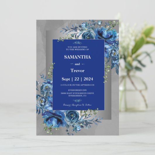 Fluisteren van Zilver, Bloemen van Blauw Bruiloft  Kaart (Staand voorkant)