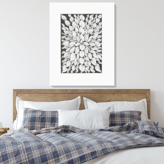 Fluisterende Bladeren: Minimaal Zwart & Wit Doodle Canvas Afdruk (Insitu (Slaapkamer))
