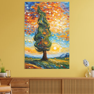 Fluisterende cipres bij zonsondergang canvas afdruk