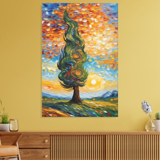 Fluisterende cipres bij zonsondergang canvas afdruk (Insitu (Woonkamer))