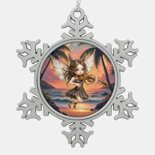Fluisterende Snaar van de Zonsondergangsfee. Tin Sneeuwvlok Ornament (Voorkant)