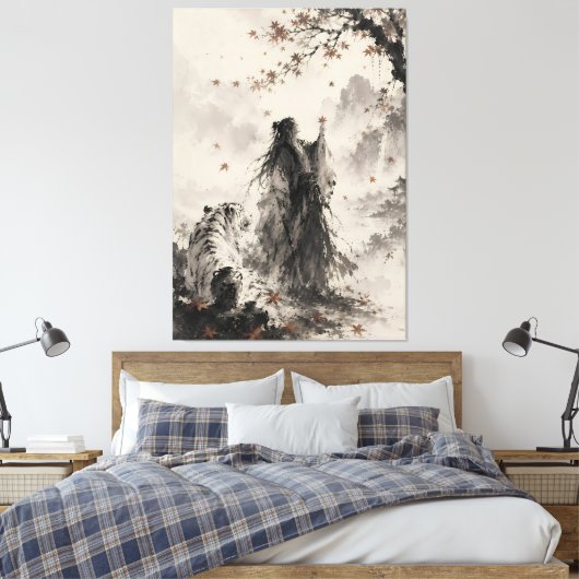 Fluisteringen van de Herfst | Witte Tijger en Zwer Canvas Afdruk (Insitu (Slaapkamer))