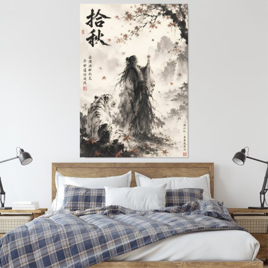 Fluisteringen van de Herfst | Witte Tijger en Zwer Canvas Afdruk (Insitu (Slaapkamer))