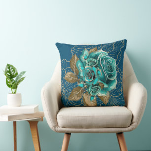 Fluisteringen van Elegantie: Teal en Gouden Worp K Kussen