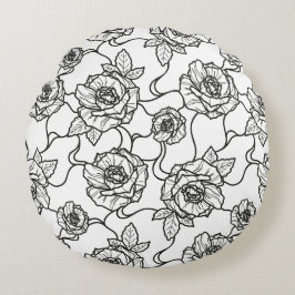 Fluisteringen van Roos, Elegante Lijnkunst Bloemmo Rond Kussen