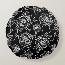 Fluisteringen van Roos, Elegante Lijnkunst Bloemmo Rond Kussen