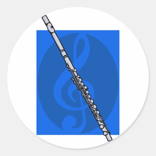 Fluit met blauwe Treble Clef achtergrond Ronde Sticker (Voorkant)