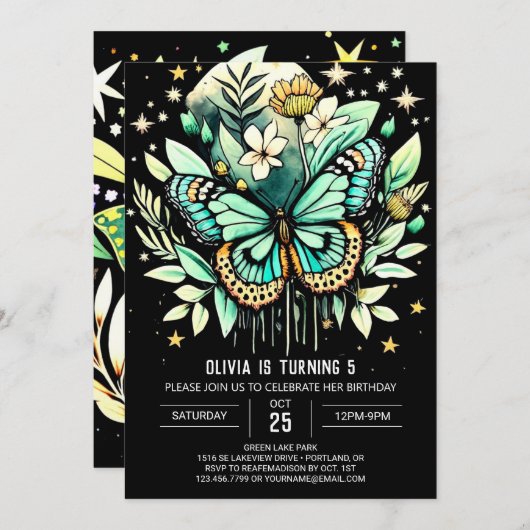 Fluitende groene vlinder verjaardag kaart (Voorkant / Achterkant)