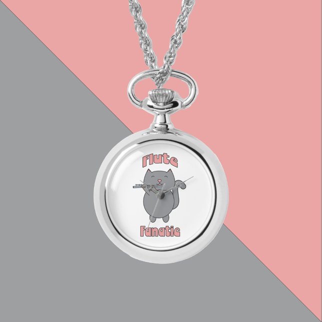 Fluitfanatieke Grijze Kat Grappig Horloge (A watch necklace with a cute gray cat and the text flute fanatic in pink.)
