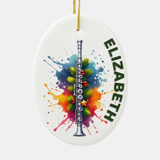 Fluitspeler Kerstmis. Aangepaste naam Keramisch Ornament (Achterkant)