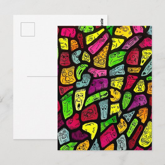 Fluorescent Cartoon Weird Faces Drawing Briefkaart (Voorkant / Achterkant)