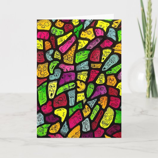 Fluorescent Cartoon Weird Faces Drawing Card Kaart (Voorkant)