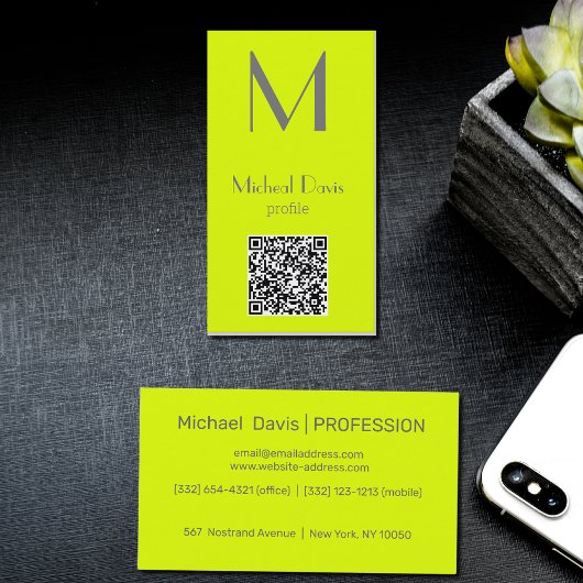 fluorescent geel - vet monogram - QR-code  Visitekaartje