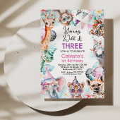 Fluorescent Pink Young Wild Three Safari Birthday  Kaart