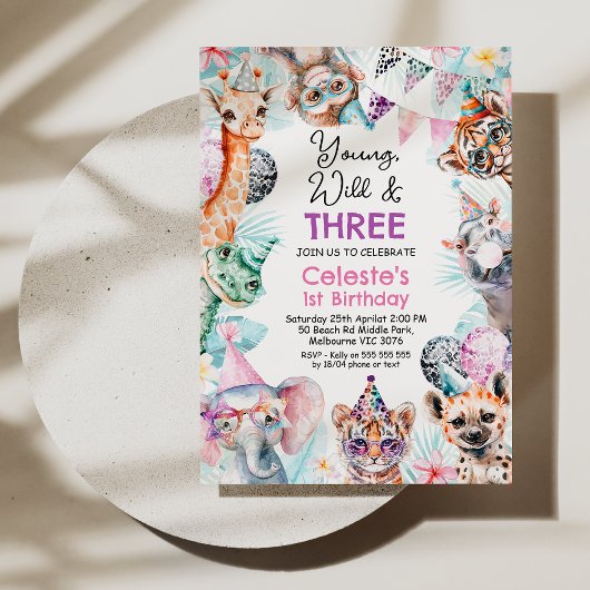 Fluorescent Pink Young Wild Three Safari Birthday  Kaart