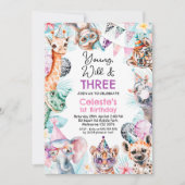 Fluorescent Pink Young Wild Three Safari Birthday  Kaart (Voorkant)