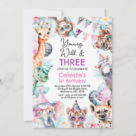 Fluorescent Pink Young Wild Three Safari Birthday  Kaart (Voorkant)