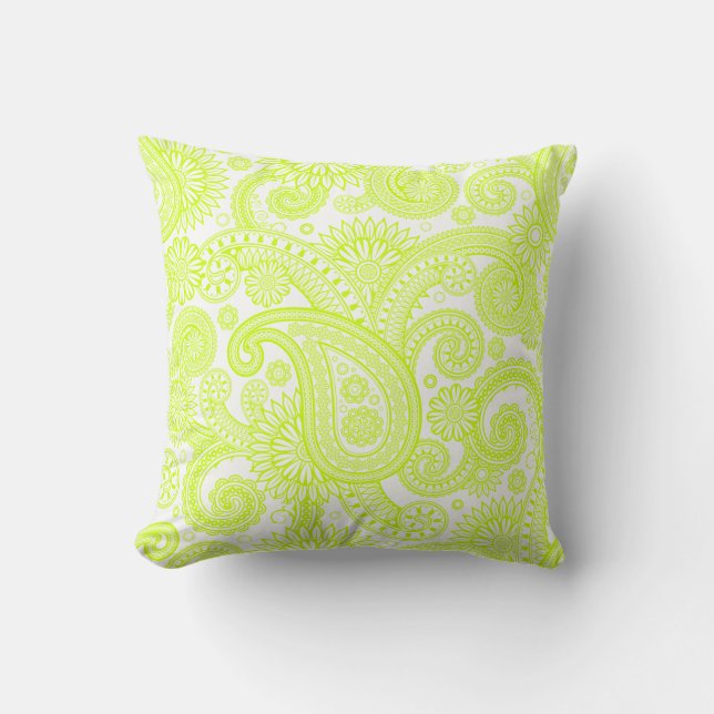 Fluorescent Yellow Paisley Floral Swirl Kussen (Voorkant)