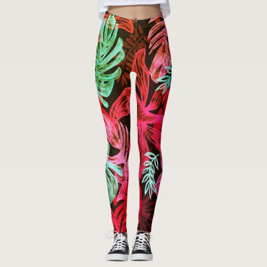 Fluorescente tropische palmbladeren leggings (Voorkant)
